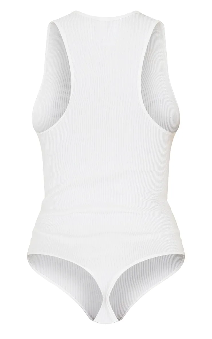 White Structured Contour Racer Neck Rib Bodysuit