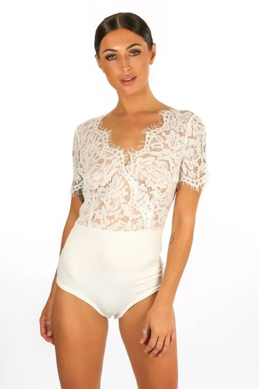 White V Neck Contrast Lace Bodysuit