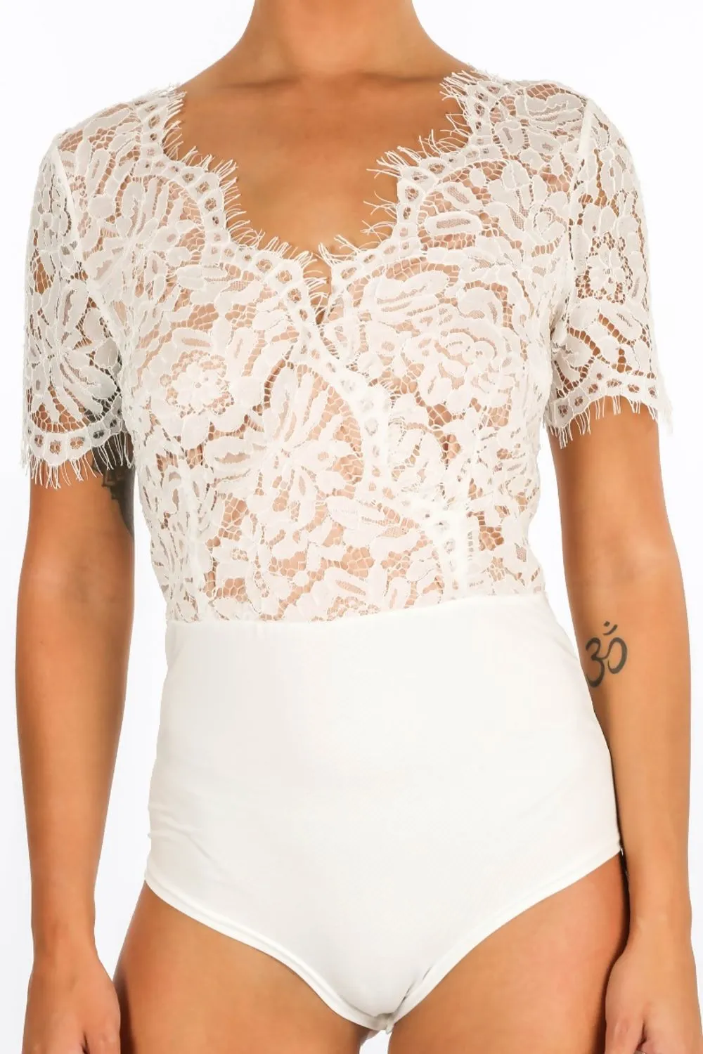 White V Neck Contrast Lace Bodysuit