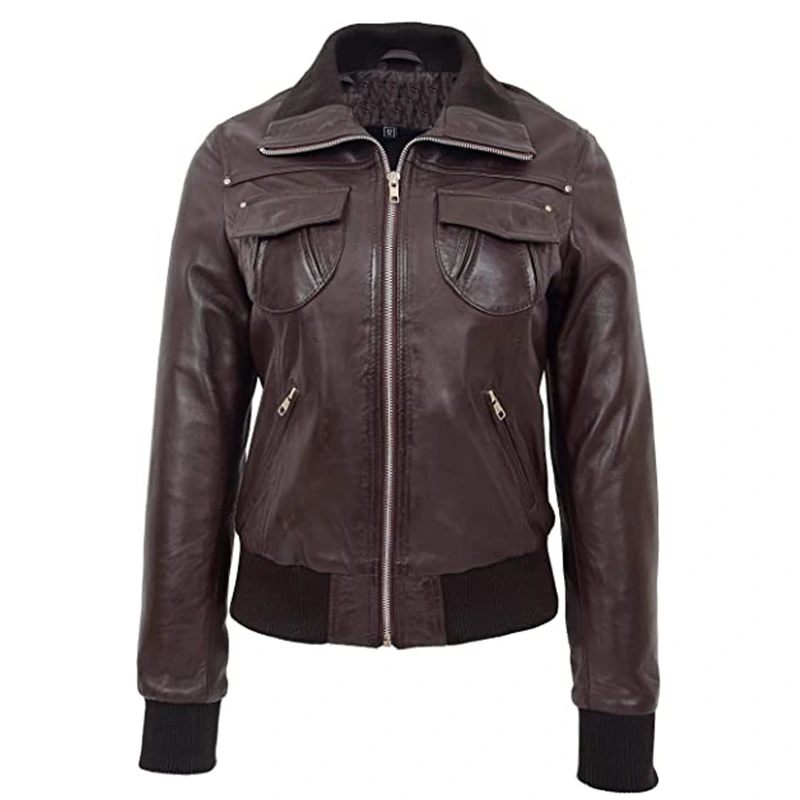 Women Brown Bomber Leather Jacket | Brown Bomber Leather Jacket