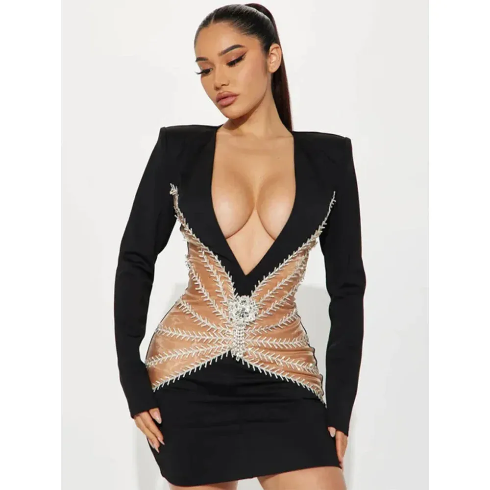 Women's Sexy Long Sleeve Rhinestone Tassel V-neck Patchwork Mini Dress